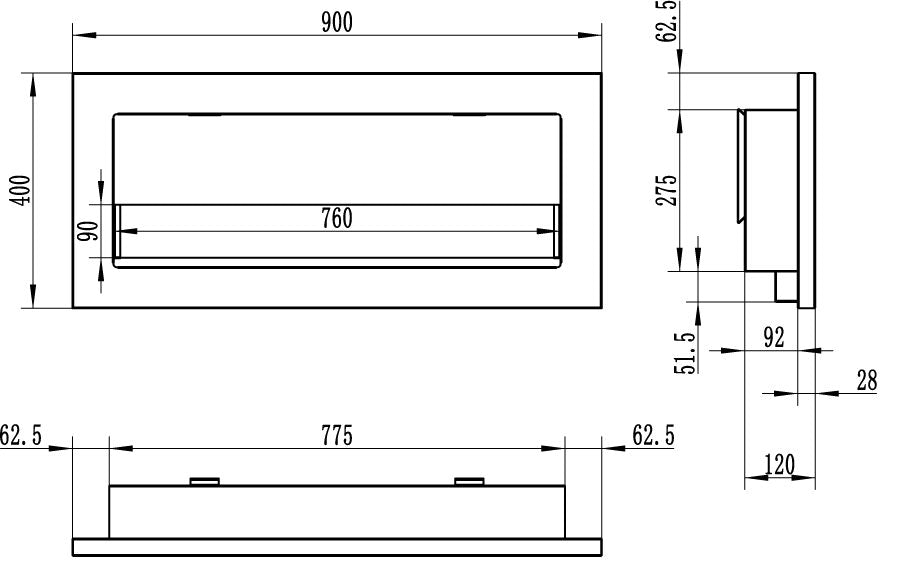 Biochimenea de pared 900×400 Slim negro mate