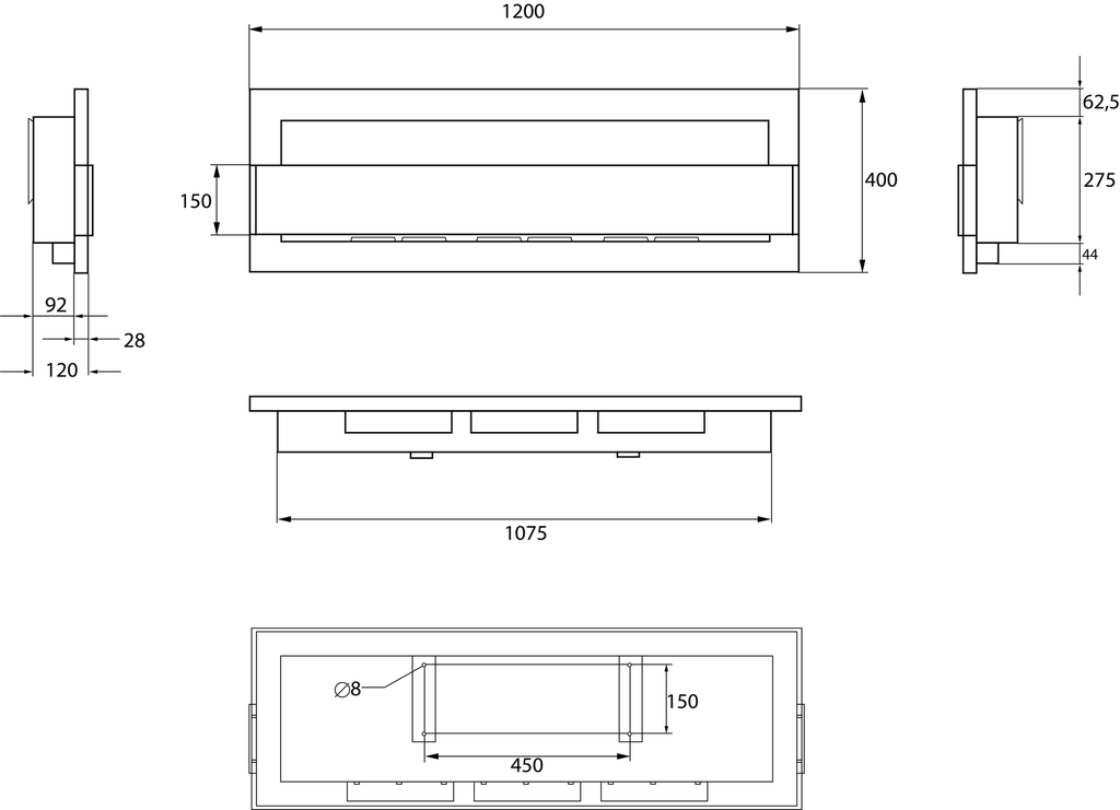 Biochimenea de pared 1200×400 negro mate