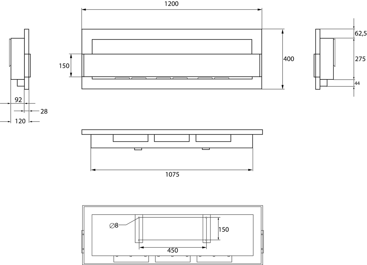 Biochimenea de pared 1200×400 negro mate